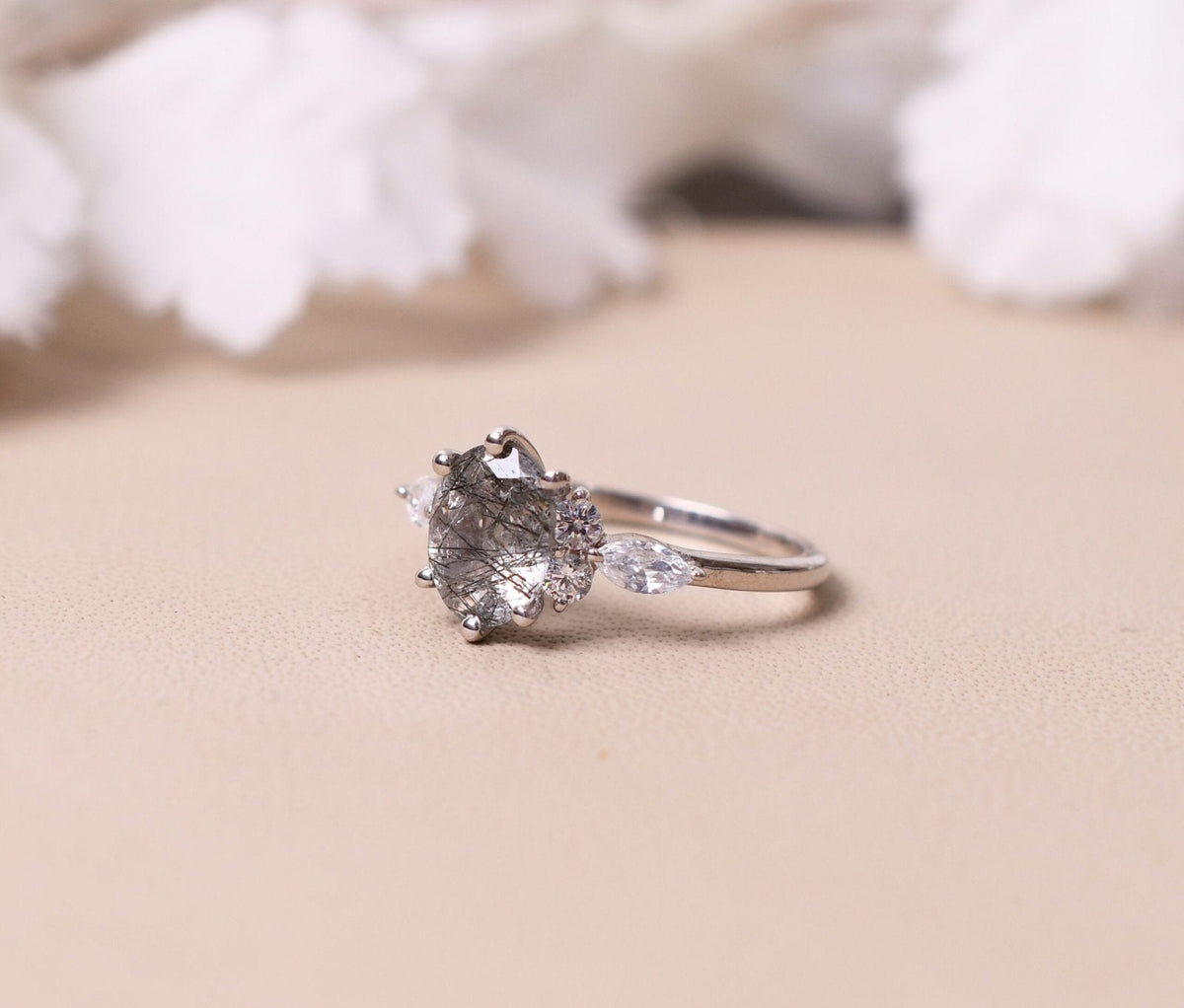 Unique Black Rutilated Quartz Engagement Ring For Women