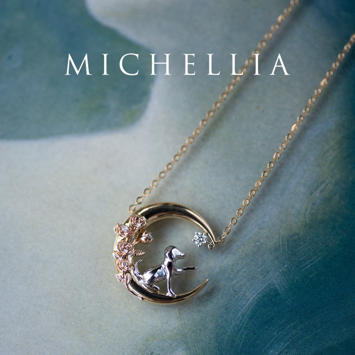 [Elune] Moonlight Pup in Rose Garden Solid Gold Necklace - One of A Kind Gift for Dog Lover & Ready-to-Ship