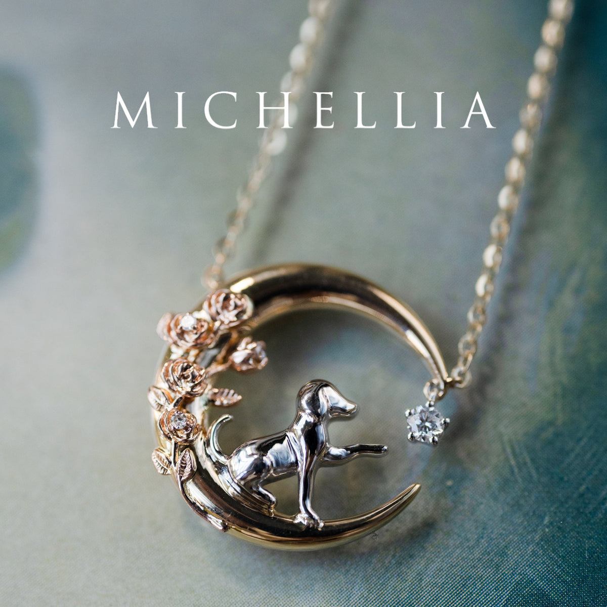[Elune] Moonlight Pup in Rose Garden Solid Gold Necklace - One of A Kind Gift for Dog Lover & Ready-to-Ship
