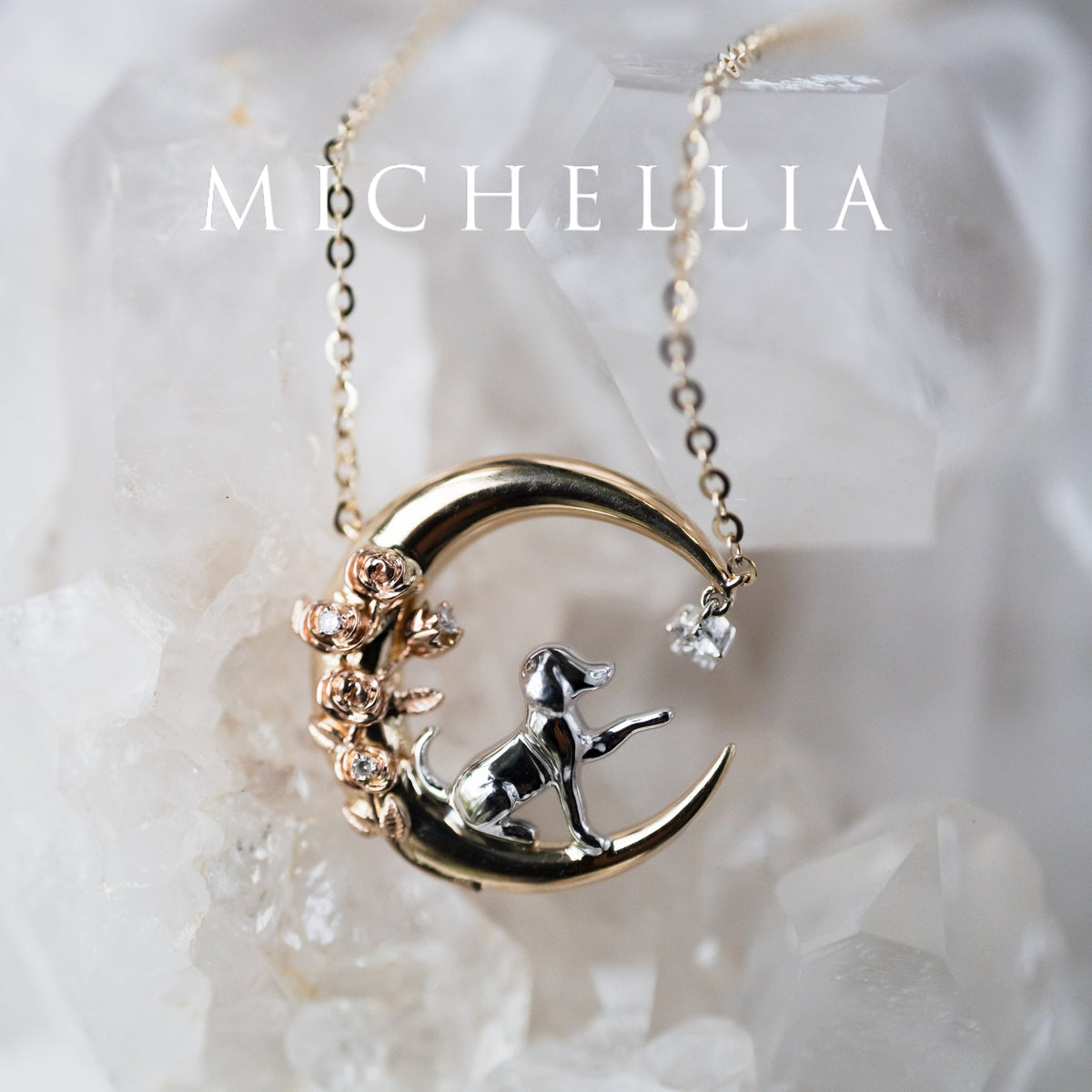 [Elune] Moonlight Pup in Rose Garden Solid Gold Necklace - One of A Kind Gift for Dog Lover & Ready-to-Ship