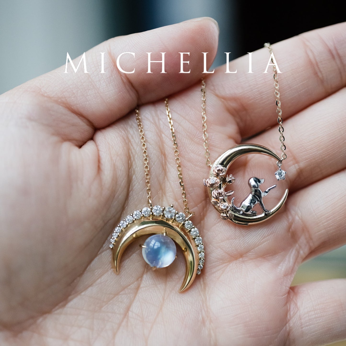 [Serena] Sailor Moon Inspired Moonstone Diamond Necklace in Solid 14K Yellow Gold  - One of A Kind & Ready-to-Ship