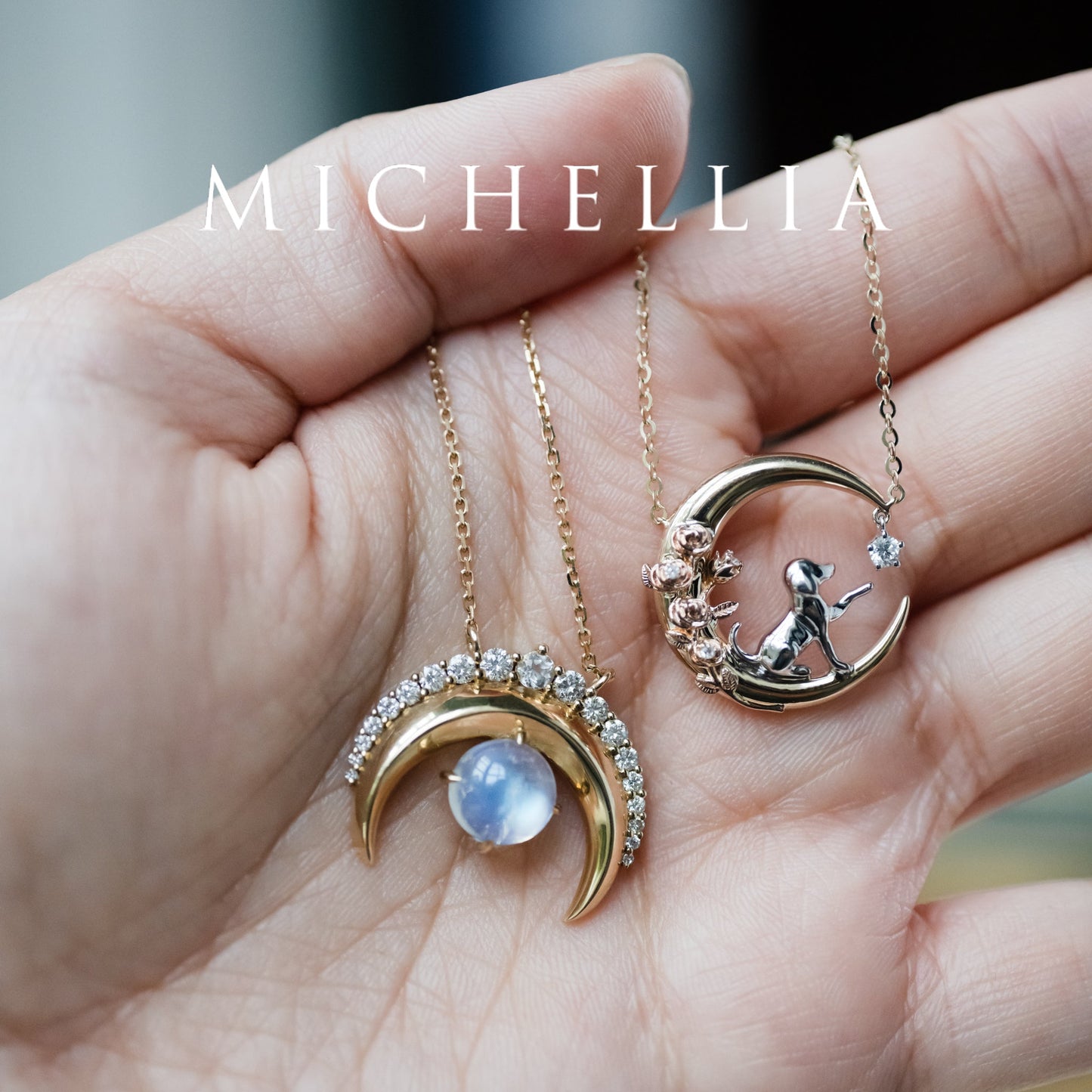 [Elune] Moonlight Pup in Rose Garden Solid Gold Necklace - One of A Kind Gift for Dog Lover & Ready-to-Ship