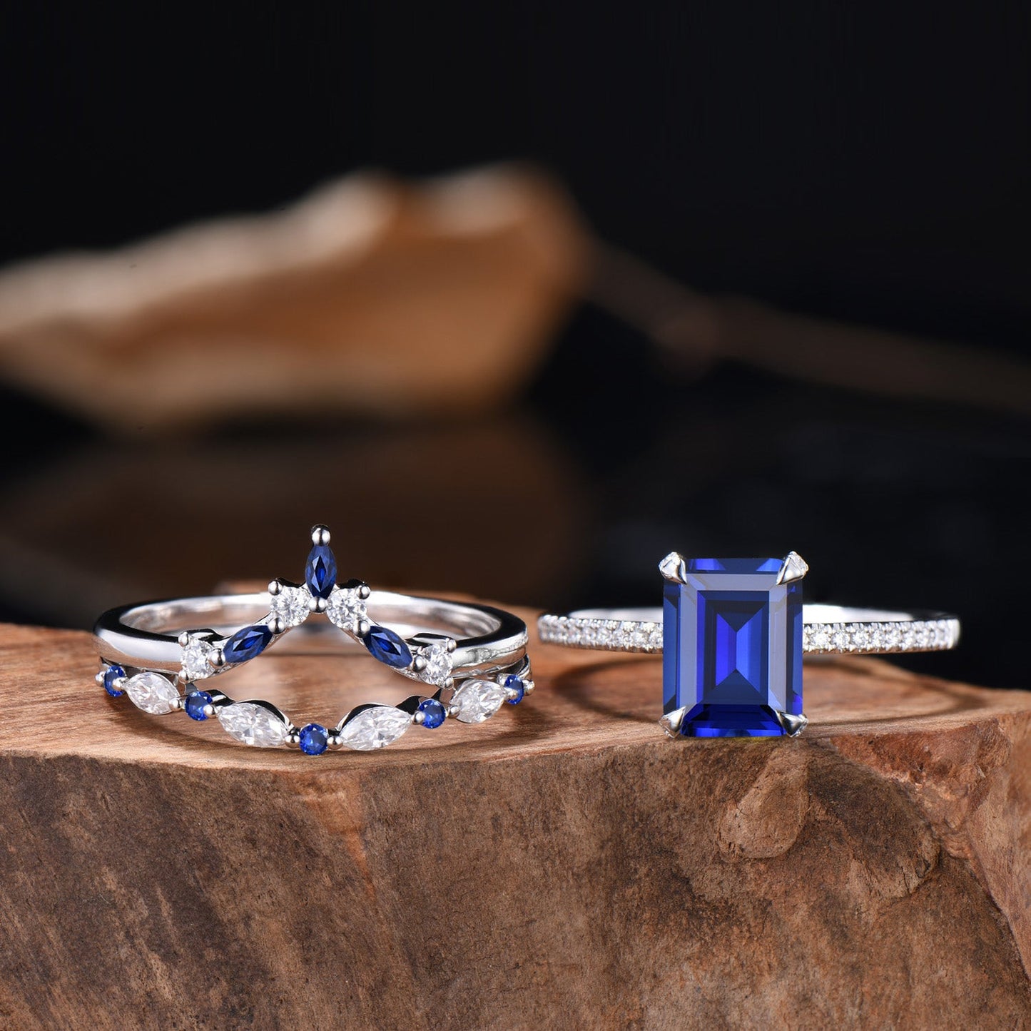 Vintage Emerald Cut Sapphire Engagement Ring Hidden Halo blue Sapphire Wedding Ring Set 3pcs 14K White Gold September Birthstone Bridal Set