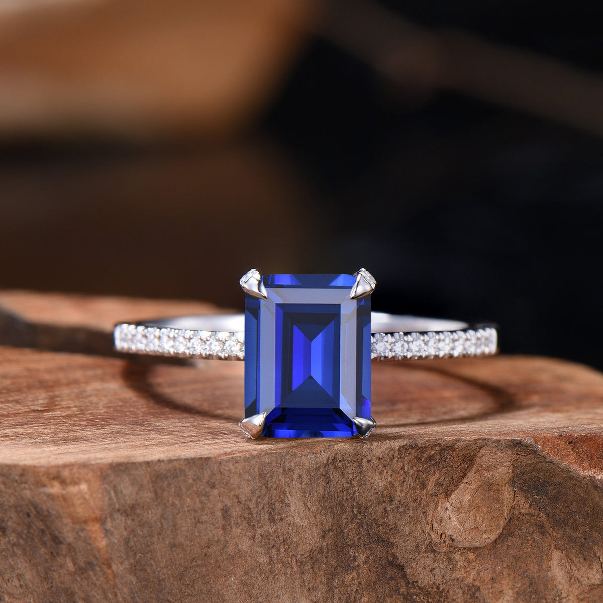 Vintage Emerald Cut Sapphire Engagement Ring Hidden Halo blue Sapphire Wedding Ring Set 3pcs 14K White Gold September Birthstone Bridal Set