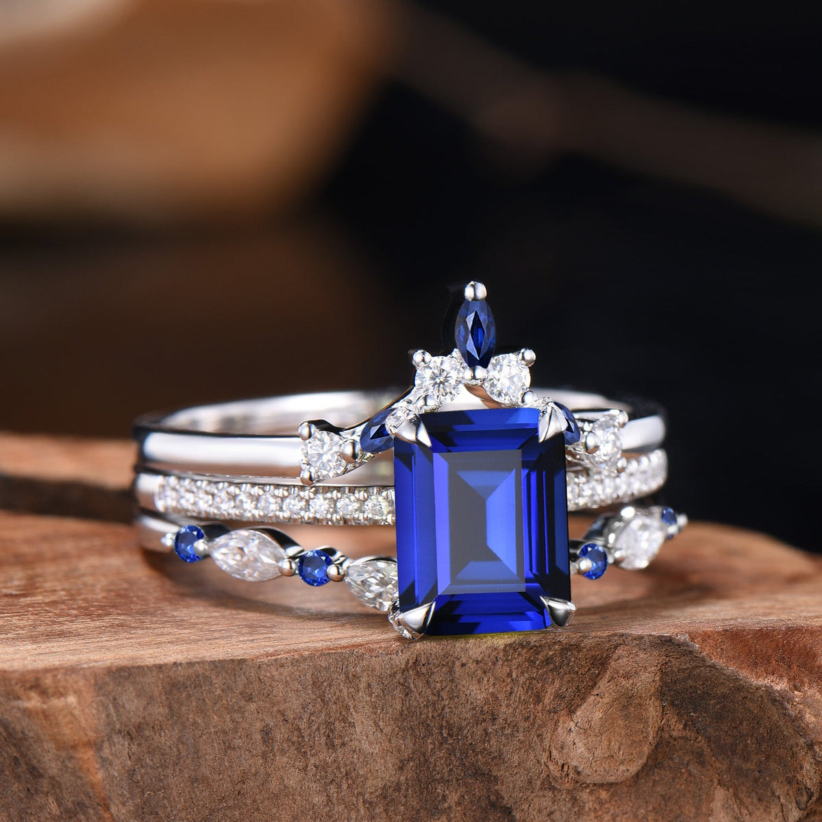 Vintage Emerald Cut Sapphire Engagement Ring Hidden Halo blue Sapphire Wedding Ring Set 3pcs 14K White Gold September Birthstone Bridal Set