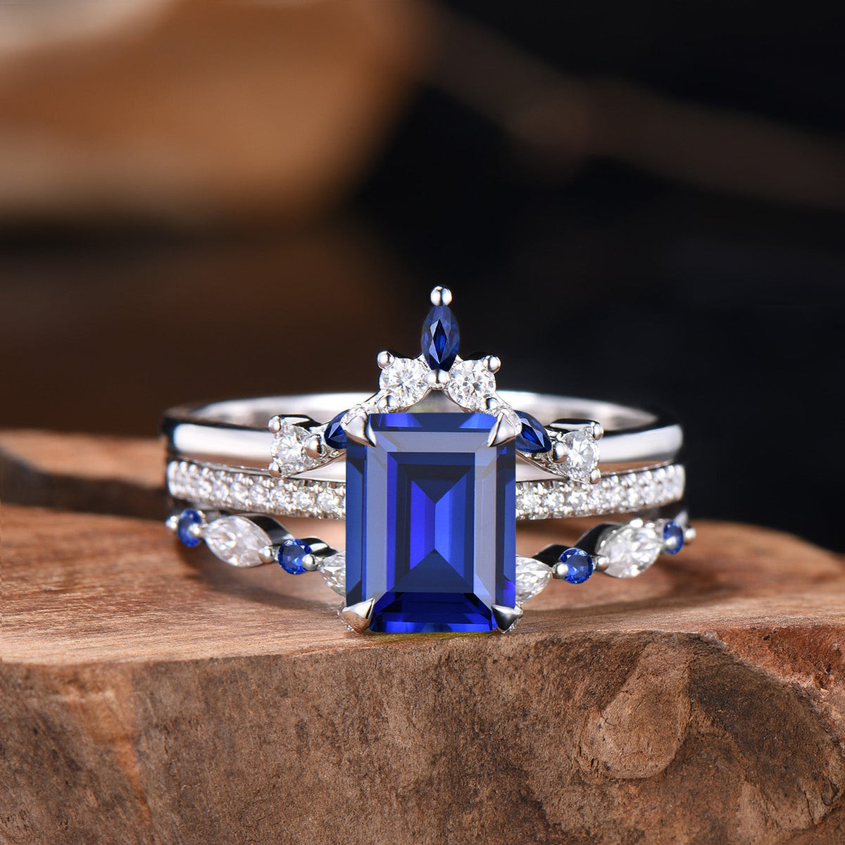 Vintage Emerald Cut Sapphire Engagement Ring Hidden Halo blue Sapphire Wedding Ring Set 3pcs 14K White Gold September Birthstone Bridal Set