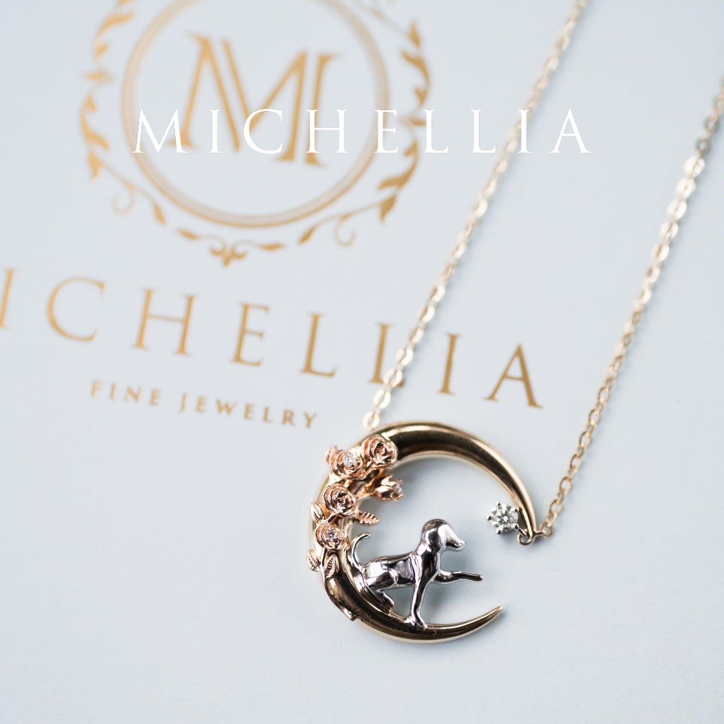[Elune] Moonlight Pup in Rose Garden Solid Gold Necklace - One of A Kind Gift for Dog Lover & Ready-to-Ship