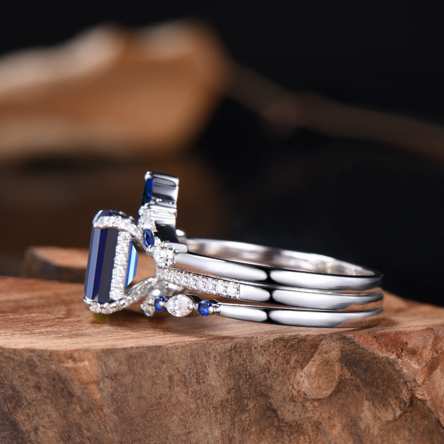 Vintage Emerald Cut Sapphire Engagement Ring Hidden Halo blue Sapphire Wedding Ring Set 3pcs 14K White Gold September Birthstone Bridal Set
