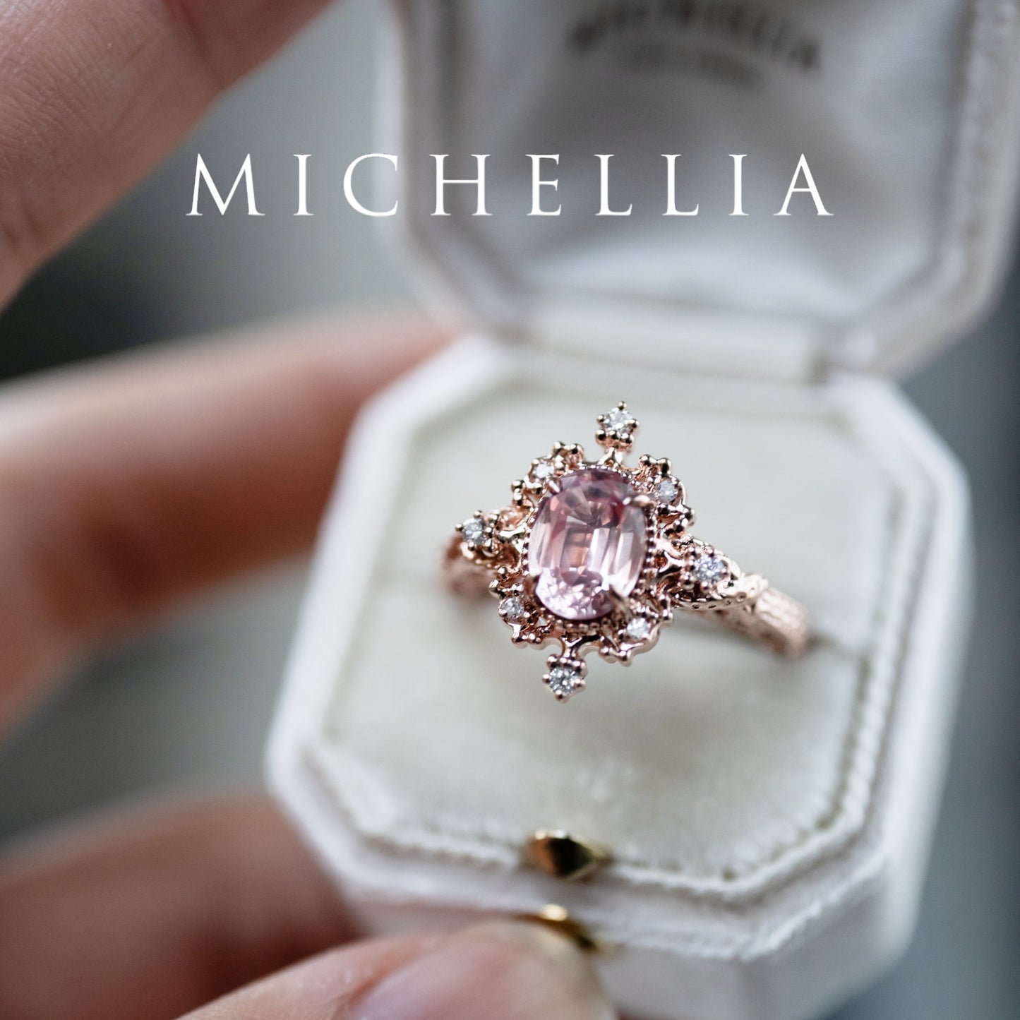 [Marietta] Ready-to-Ship Belle Époque Peach Pink Sapphire Oval Engagement Ring with Diamond, One of A Kind