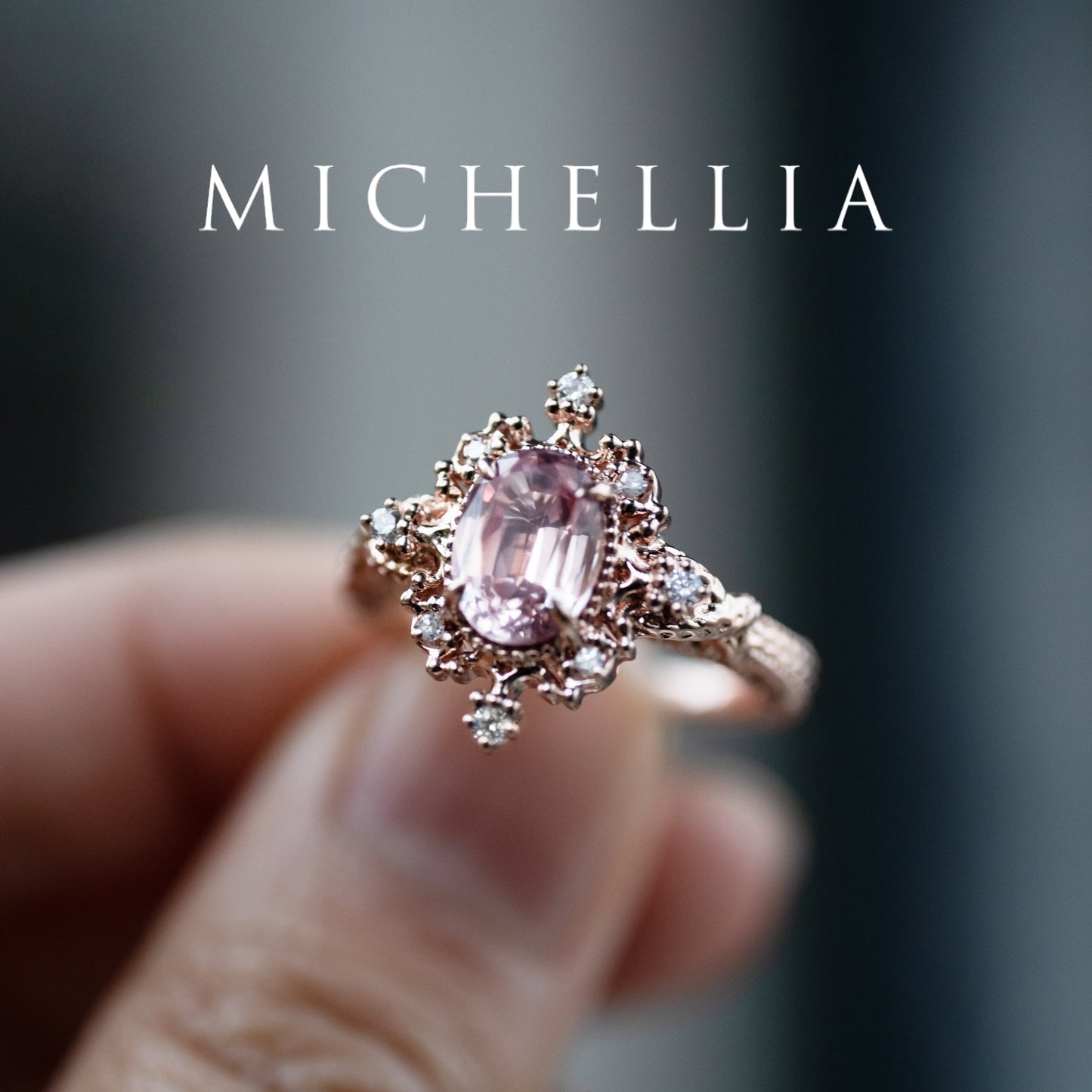 [Marietta] Ready-to-Ship Belle Époque Peach Pink Sapphire Oval Engagement Ring with Diamond, One of A Kind