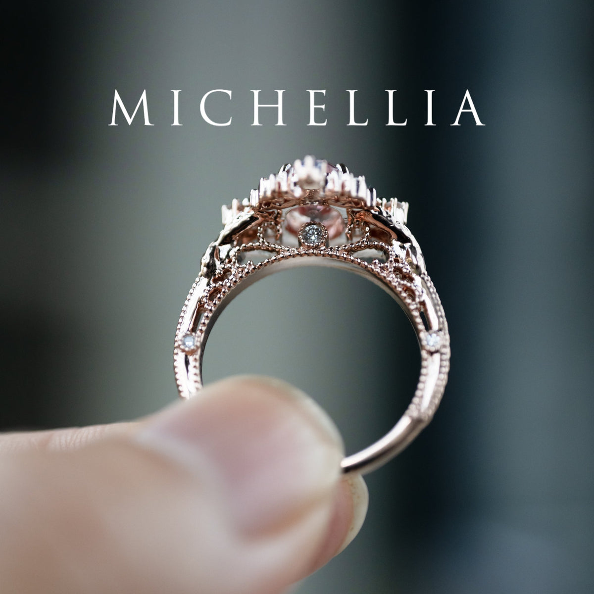 [Marietta] Ready-to-Ship Belle Époque Peach Pink Sapphire Oval Engagement Ring with Diamond, One of A Kind