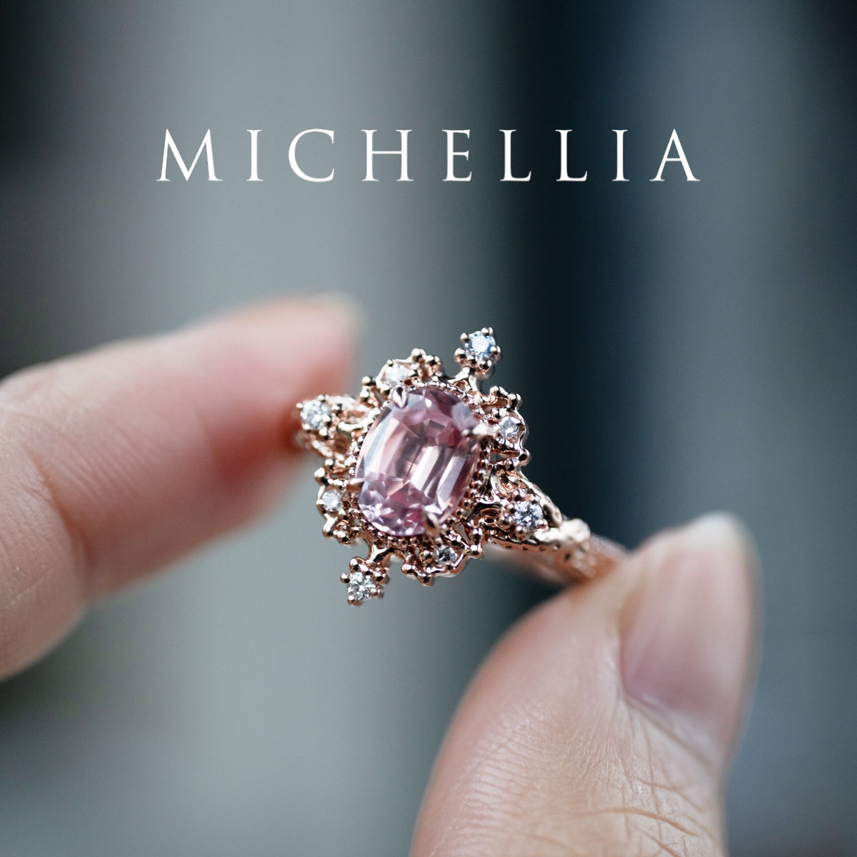 [Marietta] Ready-to-Ship Belle Époque Peach Pink Sapphire Oval Engagement Ring with Diamond, One of A Kind