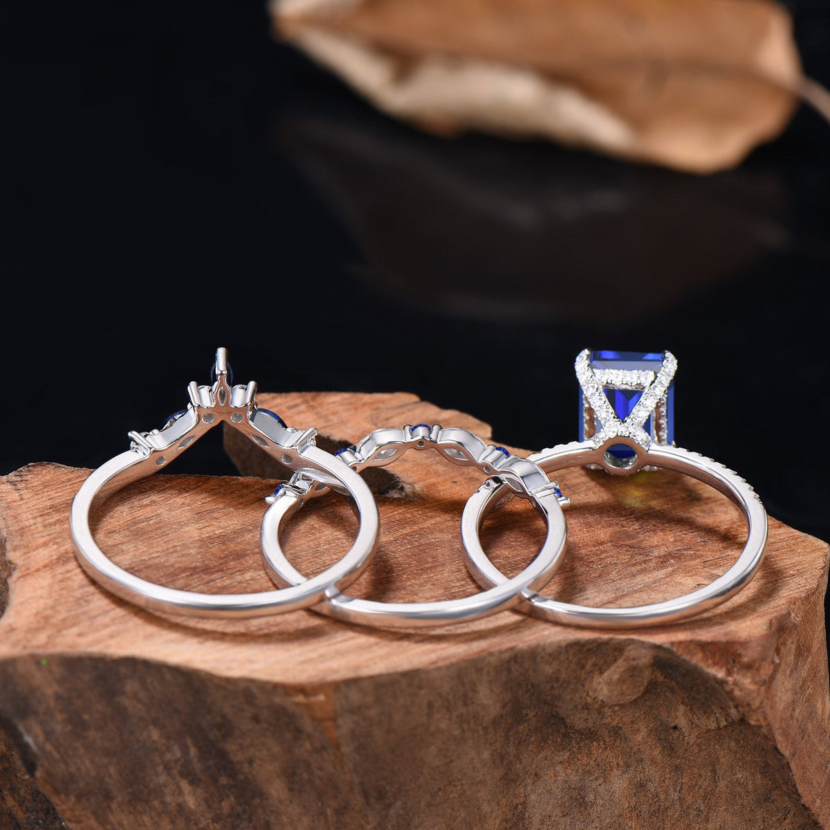 Vintage Emerald Cut Sapphire Engagement Ring Hidden Halo blue Sapphire Wedding Ring Set 3pcs 14K White Gold September Birthstone Bridal Set