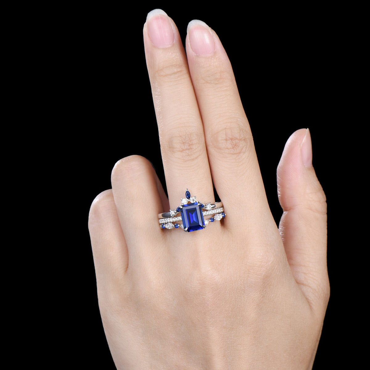 Vintage Emerald Cut Sapphire Engagement Ring Hidden Halo blue Sapphire Wedding Ring Set 3pcs 14K White Gold September Birthstone Bridal Set
