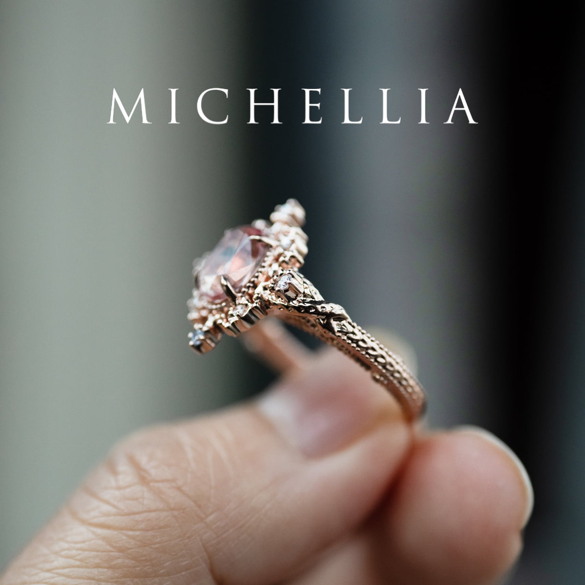 [Marietta] Ready-to-Ship Belle Époque Peach Pink Sapphire Oval Engagement Ring with Diamond, One of A Kind