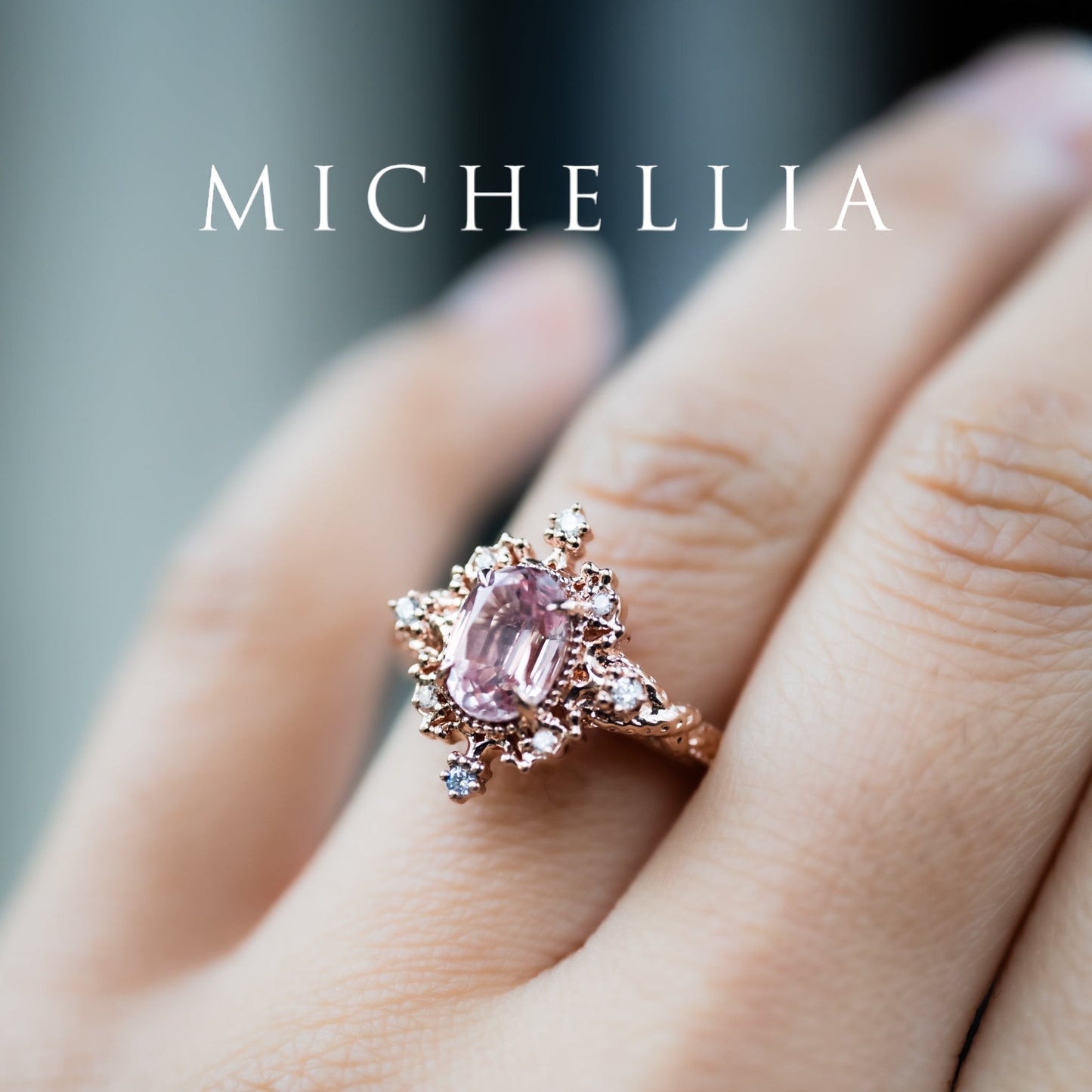 [Marietta] Ready-to-Ship Belle Époque Peach Pink Sapphire Oval Engagement Ring with Diamond, One of A Kind