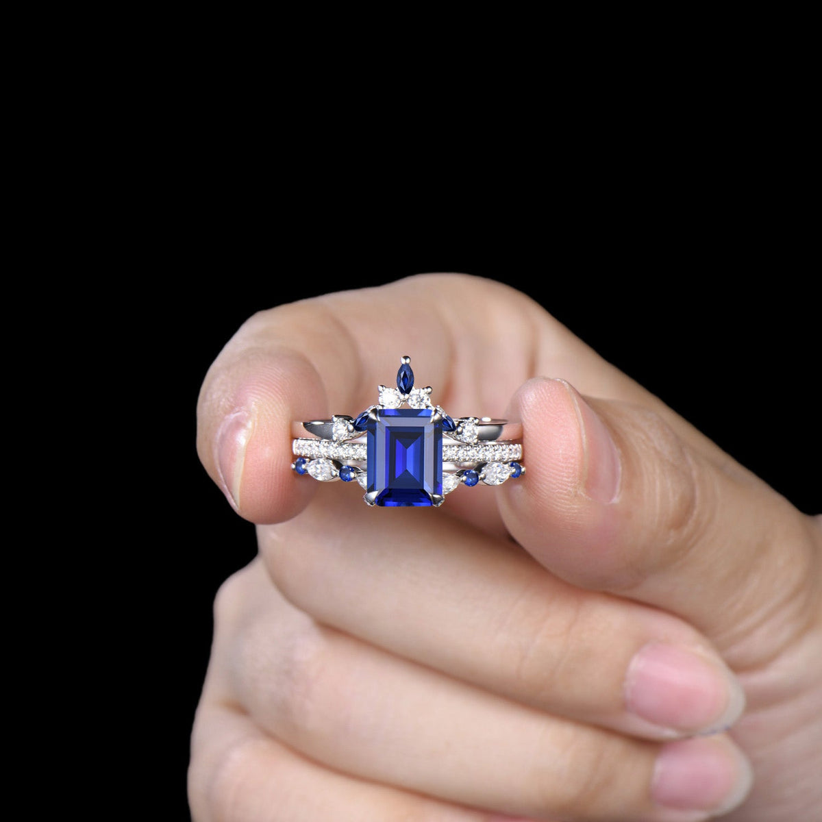 Vintage Emerald Cut Sapphire Engagement Ring Hidden Halo blue Sapphire Wedding Ring Set 3pcs 14K White Gold September Birthstone Bridal Set