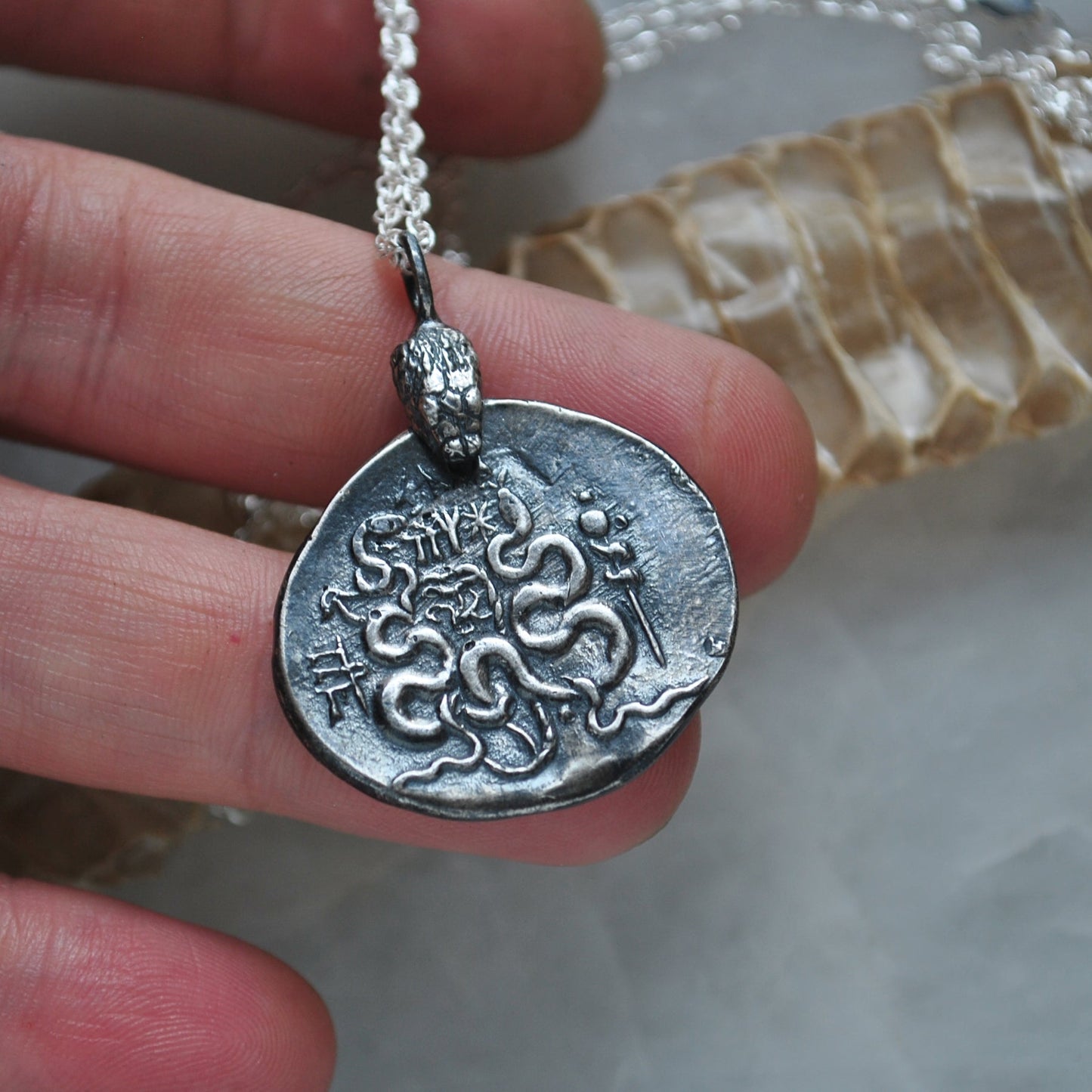 With Snake Bail - Ancient Geek Coin, necklace, Cista Mystica and Entwined Serpents