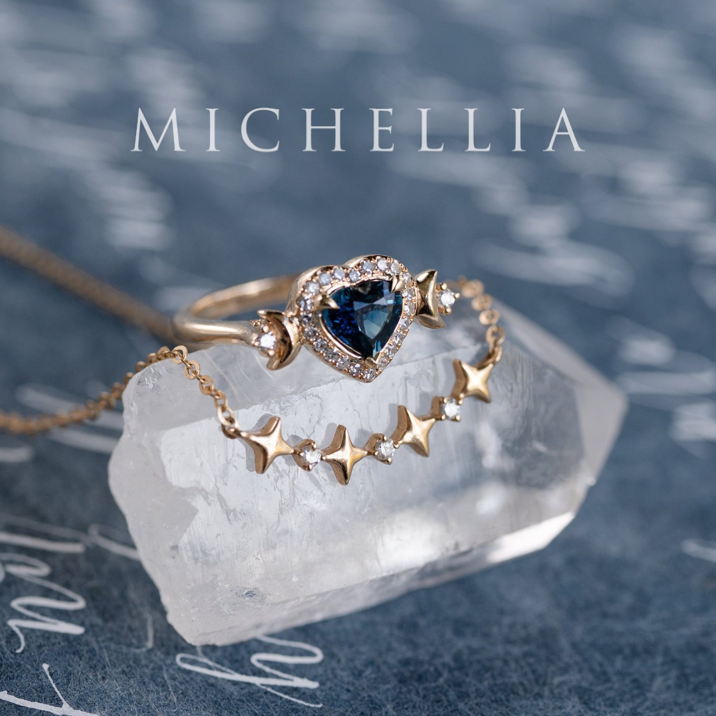 [Seraphina] Natural Teal Sapphire Heart Cut Moon Goddess Engagement Ring, 14K Yellow Gold - Ready to Ship & One of A Kind