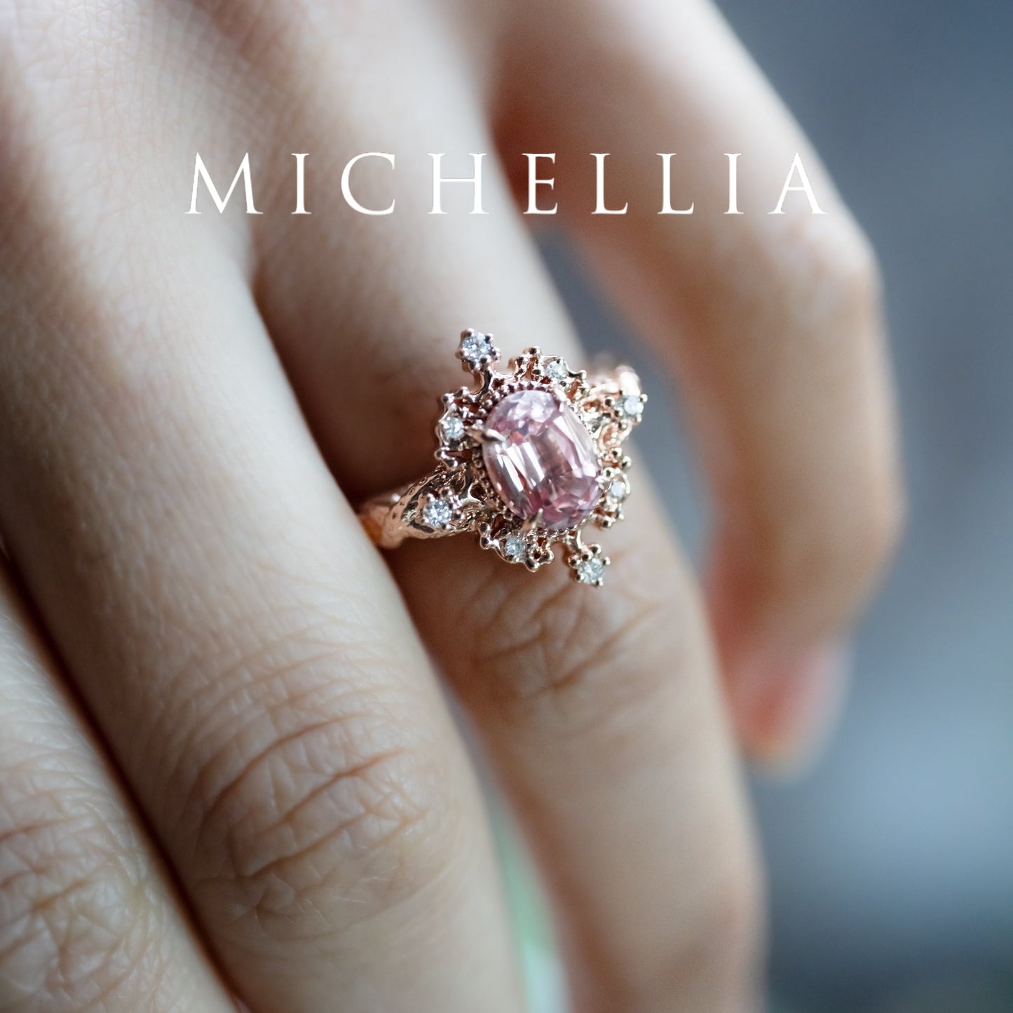 [Marietta] Ready-to-Ship Belle Époque Peach Pink Sapphire Oval Engagement Ring with Diamond, One of A Kind