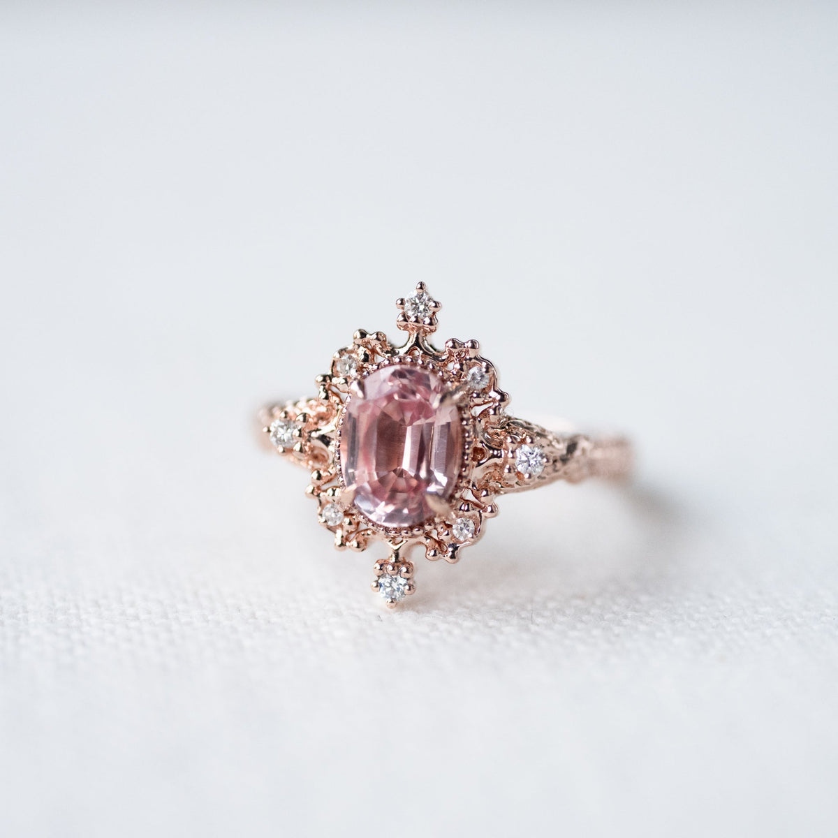 [Marietta] Ready-to-Ship Belle Époque Peach Pink Sapphire Oval Engagement Ring with Diamond, One of A Kind
