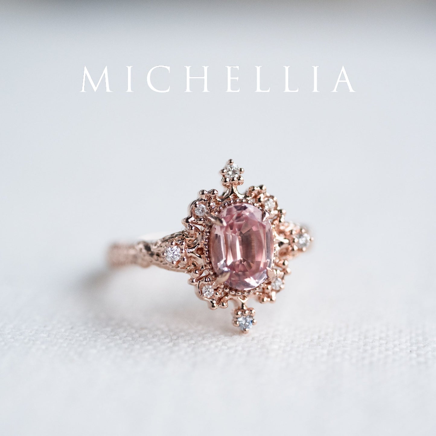 [Marietta] Ready-to-Ship Belle Époque Peach Pink Sapphire Oval Engagement Ring with Diamond, One of A Kind