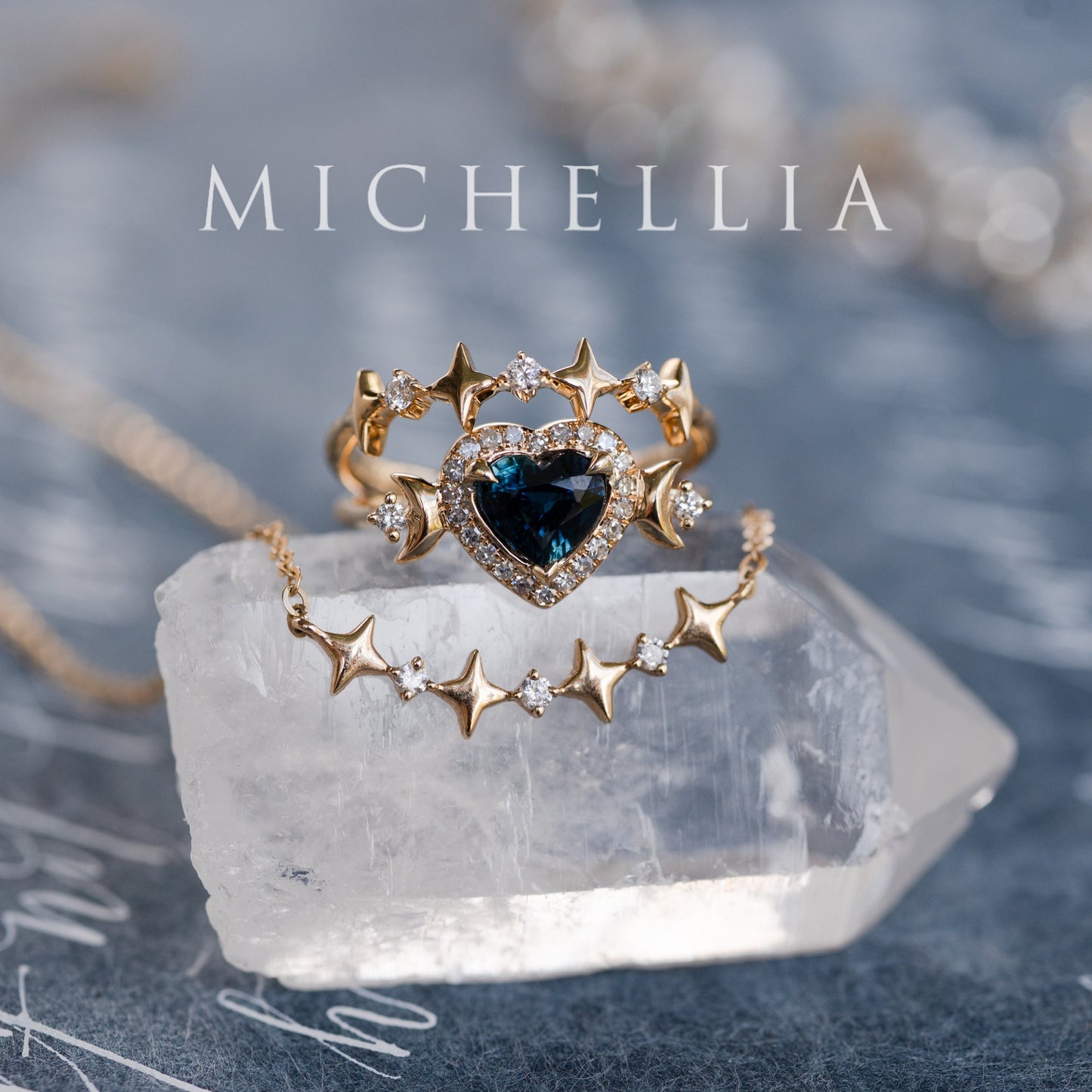 [Seraphina] Natural Teal Sapphire Heart Cut Moon Goddess Engagement Ring, 14K Yellow Gold - Ready to Ship & One of A Kind