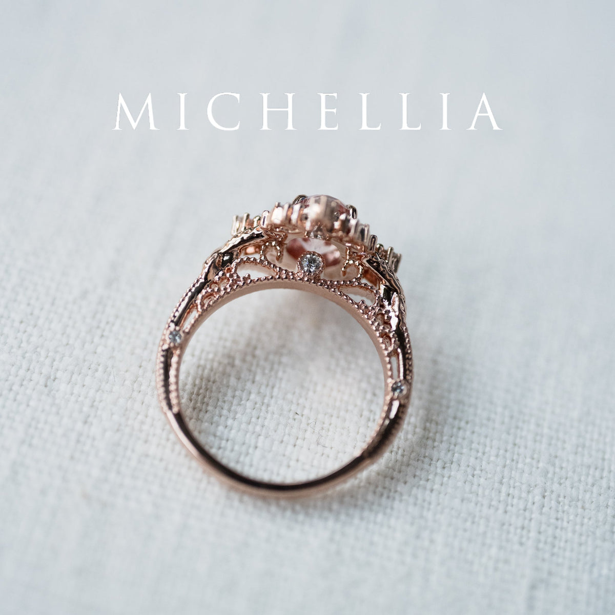 [Marietta] Ready-to-Ship Belle Époque Peach Pink Sapphire Oval Engagement Ring with Diamond, One of A Kind