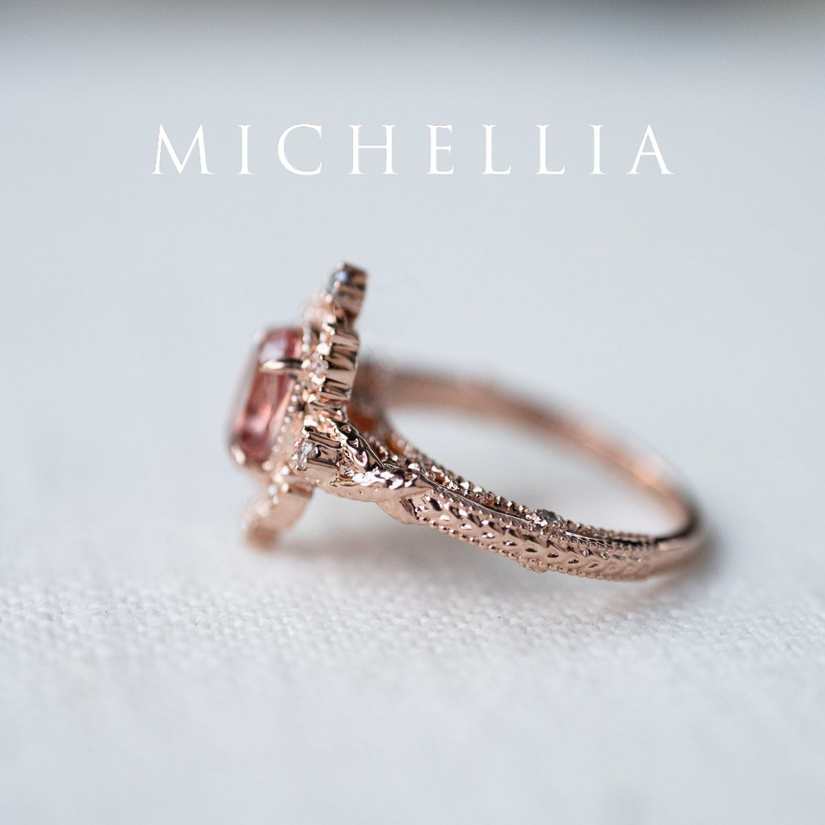 [Marietta] Ready-to-Ship Belle Époque Peach Pink Sapphire Oval Engagement Ring with Diamond, One of A Kind