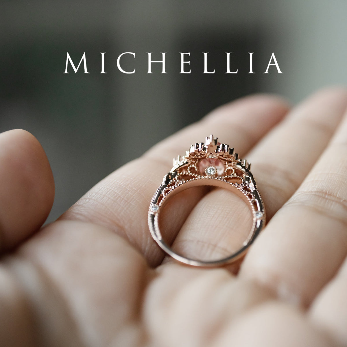 [Marietta] Ready-to-Ship Belle Époque Peach Pink Sapphire Oval Engagement Ring with Diamond, One of A Kind