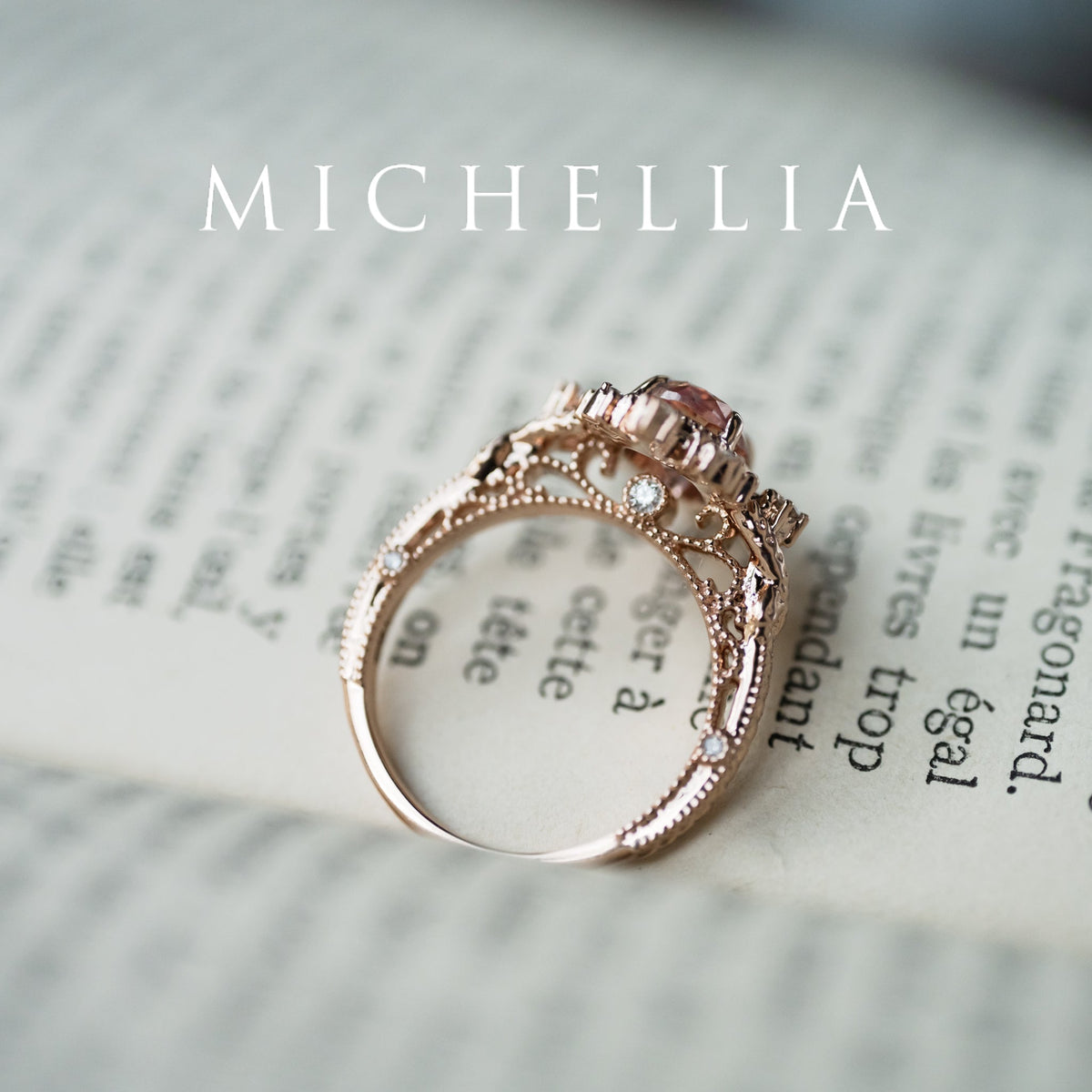 [Marietta] Ready-to-Ship Belle Époque Peach Pink Sapphire Oval Engagement Ring with Diamond, One of A Kind