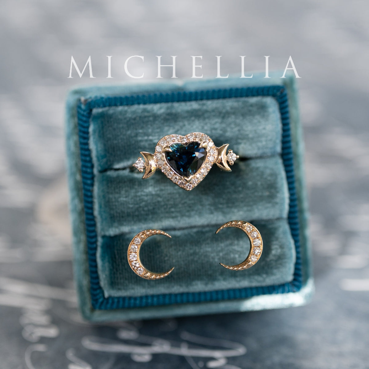 [Seraphina] Natural Teal Sapphire Heart Cut Moon Goddess Engagement Ring, 14K Yellow Gold - Ready to Ship & One of A Kind