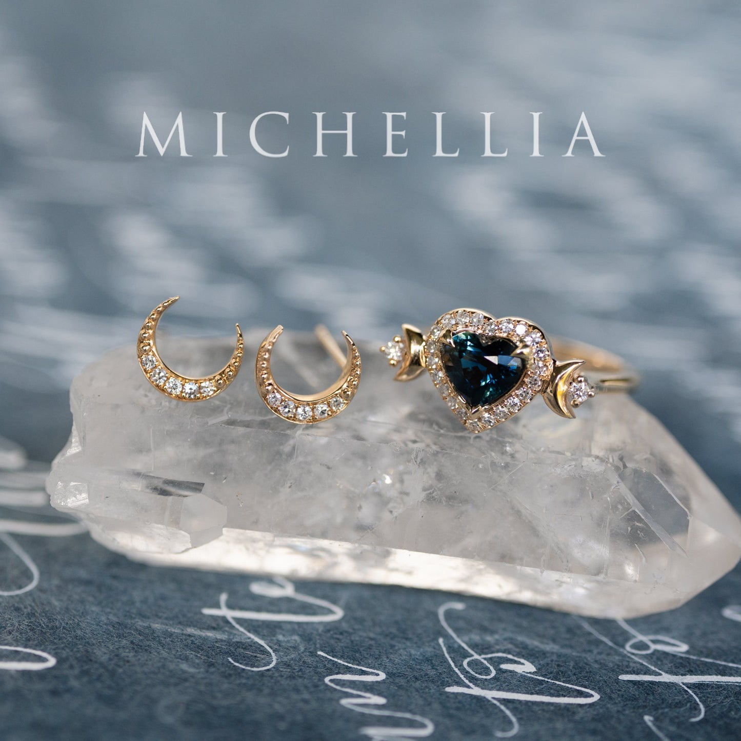 [Seraphina] Natural Teal Sapphire Heart Cut Moon Goddess Engagement Ring, 14K Yellow Gold - Ready to Ship & One of A Kind