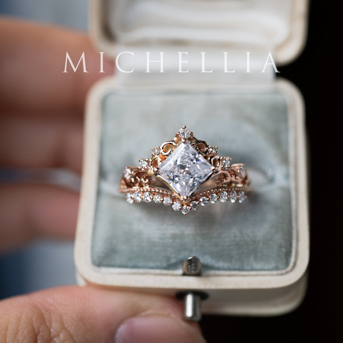 [Florentina] Vintage Crown Princess Cut Moissanite/Diamond Engagement Ring, One-of-A-Kind & Ready-to-Ship