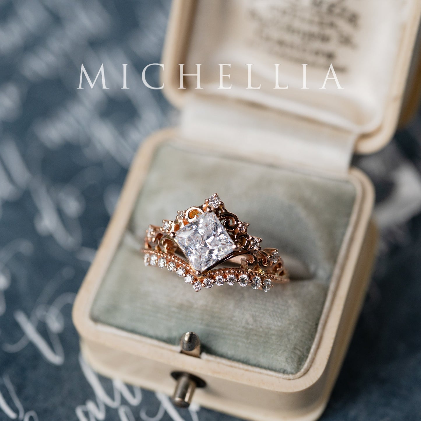 [Florentina] Vintage Crown Princess Cut Moissanite/Diamond Engagement Ring, One-of-A-Kind & Ready-to-Ship