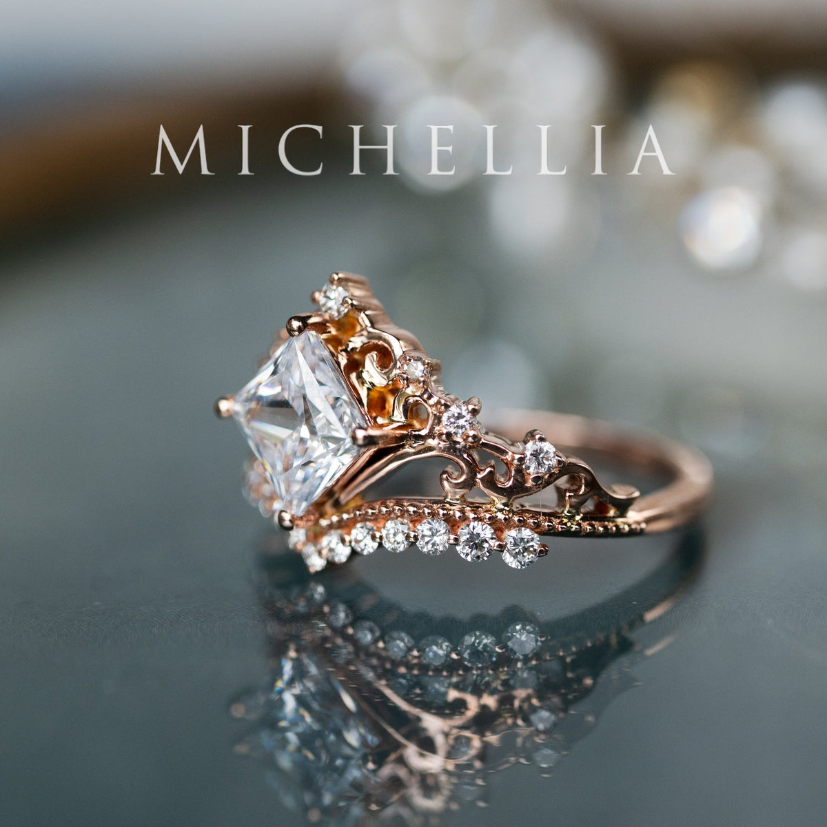 [Florentina] Vintage Crown Princess Cut Moissanite/Diamond Engagement Ring, One-of-A-Kind & Ready-to-Ship