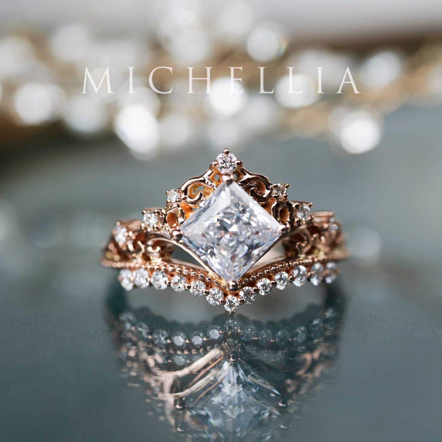 [Florentina] Vintage Crown Princess Cut Moissanite/Diamond Engagement Ring, One-of-A-Kind & Ready-to-Ship