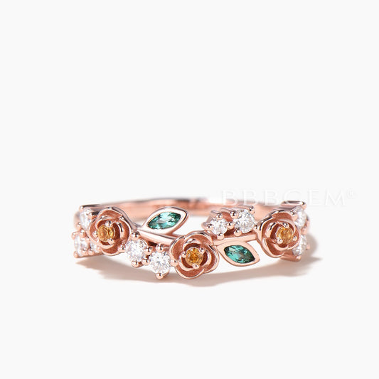 Multi Stone Flower Wedding Ring Citrine Diamond Emerald Nature Inspired Band