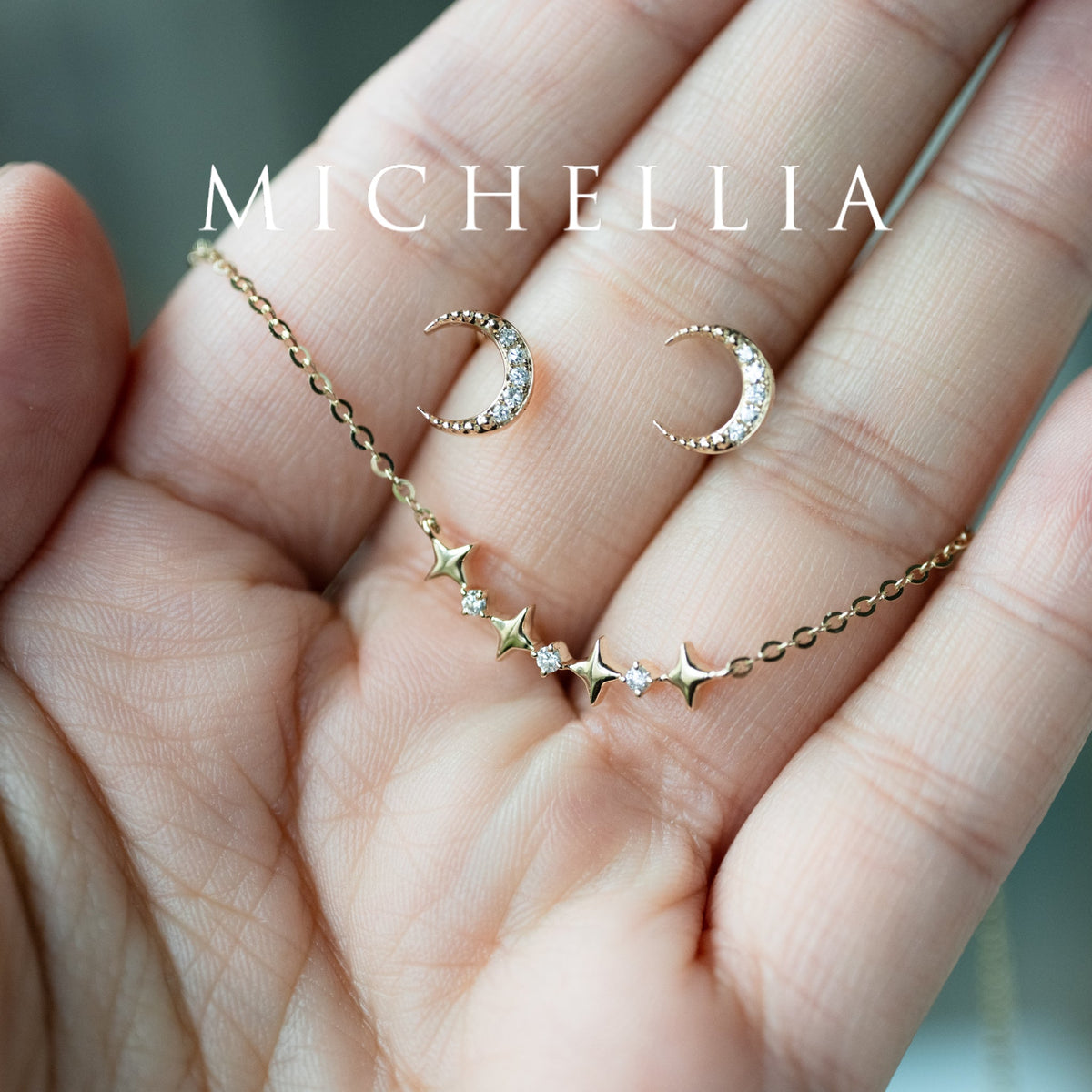 [Divina] Diamond Moon and Star Solid Gold Earrings
