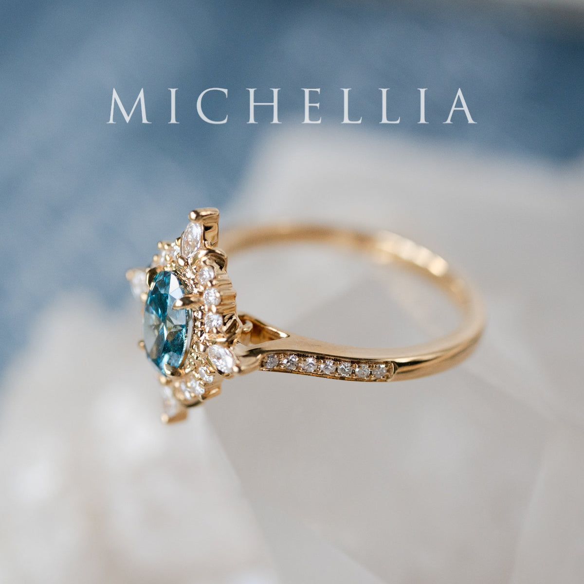 [Alessandra] IGI-Certified Teal Blue Diamond Engagement Ring, 18K Yellow Gold - One of A Kind & Ready-to-Ship