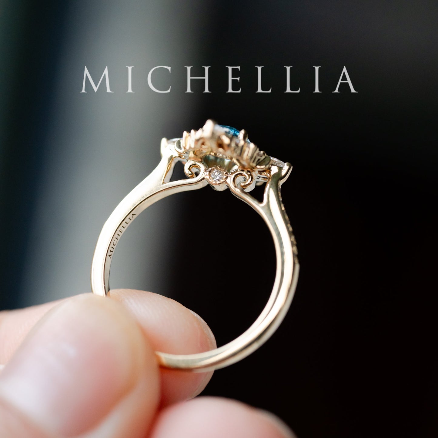 [Alessandra] IGI-Certified Teal Blue Diamond Engagement Ring, 18K Yellow Gold - One of A Kind & Ready-to-Ship