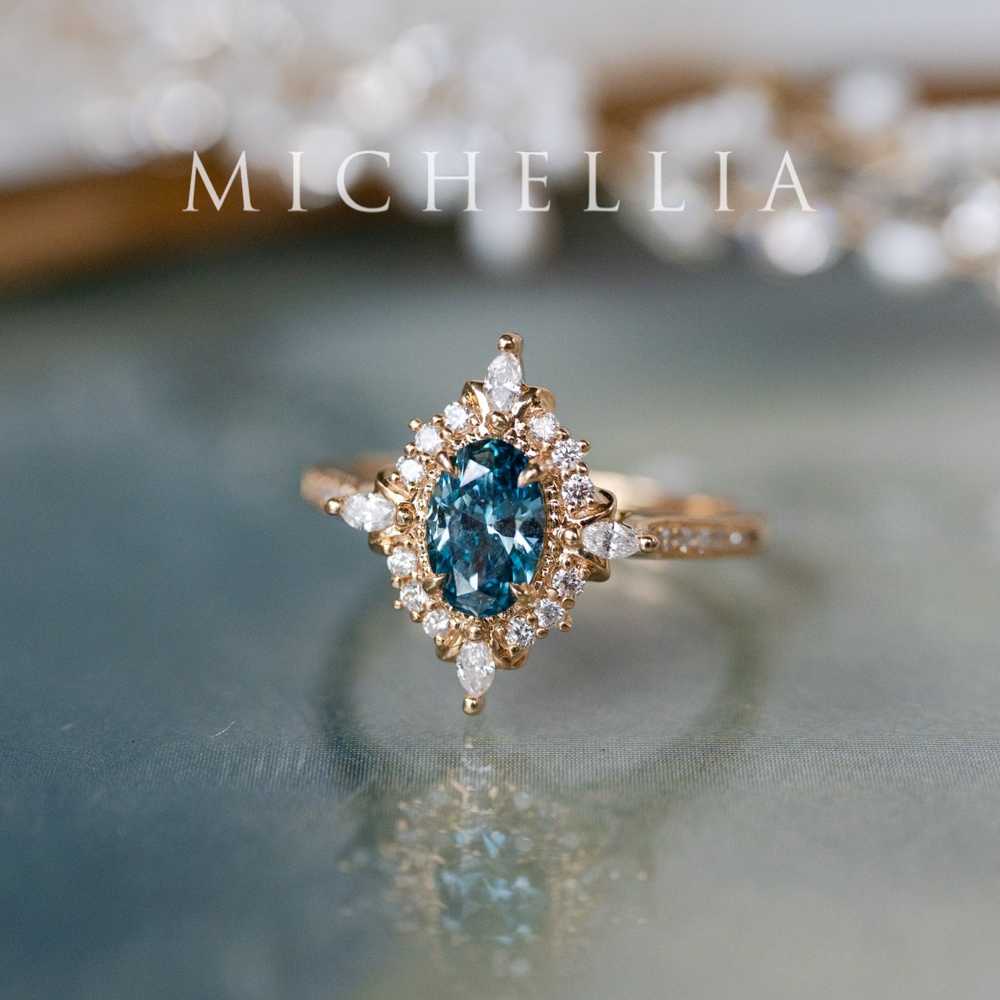 [Alessandra] IGI-Certified Teal Blue Diamond Engagement Ring, 18K Yellow Gold - One of A Kind & Ready-to-Ship