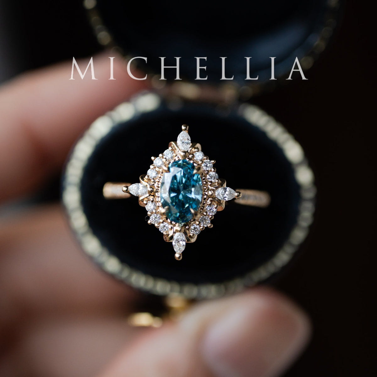 [Alessandra] IGI-Certified Teal Blue Diamond Engagement Ring, 18K Yellow Gold - One of A Kind & Ready-to-Ship