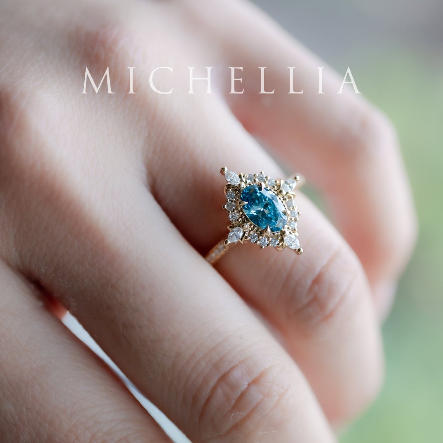 [Alessandra] IGI-Certified Teal Blue Diamond Engagement Ring, 18K Yellow Gold - One of A Kind & Ready-to-Ship