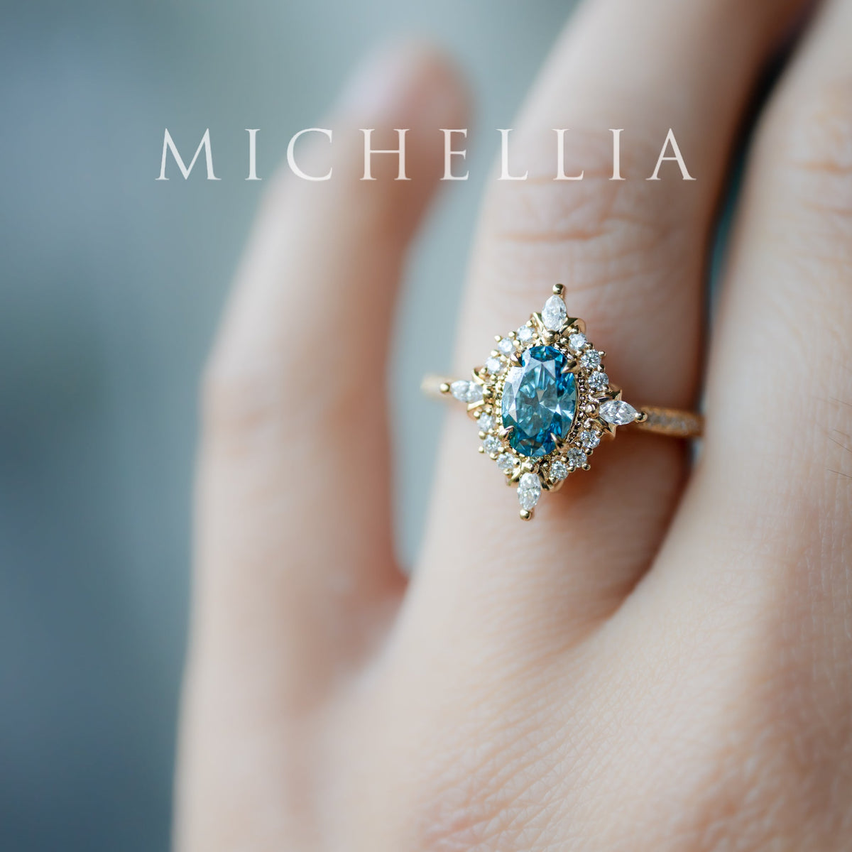 [Alessandra] IGI-Certified Teal Blue Diamond Engagement Ring, 18K Yellow Gold - One of A Kind & Ready-to-Ship