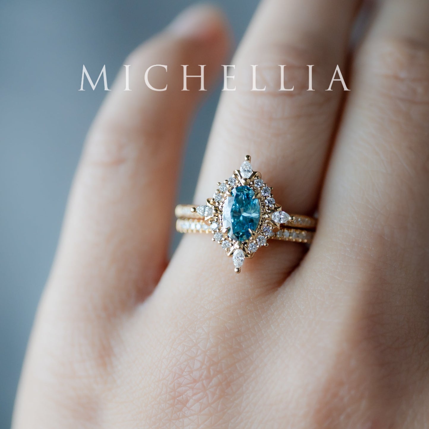 [Alessandra] IGI-Certified Teal Blue Diamond Engagement Ring, 18K Yellow Gold - One of A Kind & Ready-to-Ship