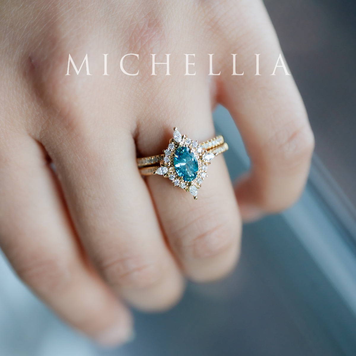 [Alessandra] IGI-Certified Teal Blue Diamond Engagement Ring, 18K Yellow Gold - One of A Kind & Ready-to-Ship