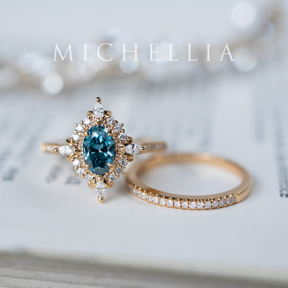 [Alessandra] IGI-Certified Teal Blue Diamond Engagement Ring, 18K Yellow Gold - One of A Kind & Ready-to-Ship