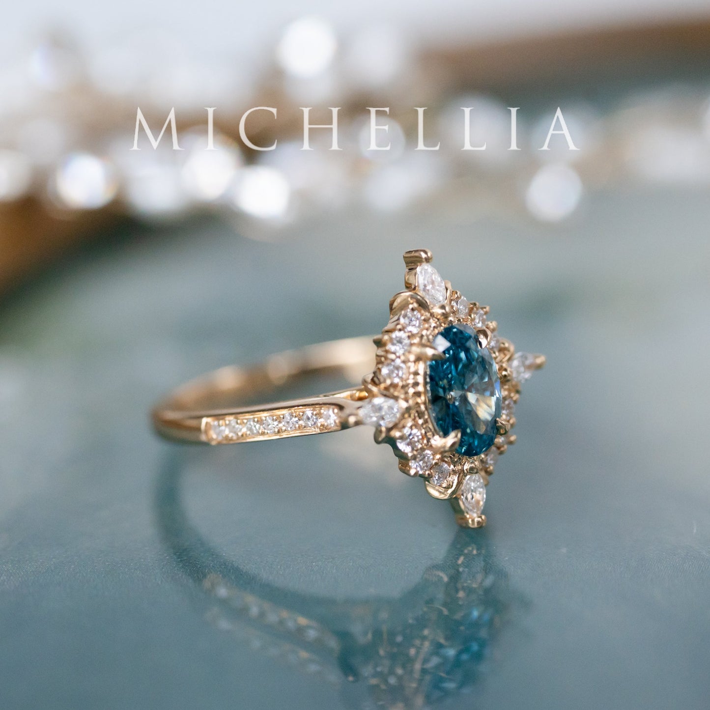 [Alessandra] IGI-Certified Teal Blue Diamond Engagement Ring, 18K Yellow Gold - One of A Kind & Ready-to-Ship