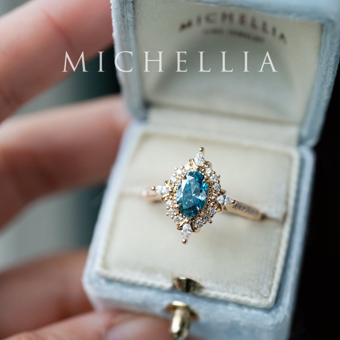 [Alessandra] IGI-Certified Teal Blue Diamond Engagement Ring, 18K Yellow Gold - One of A Kind & Ready-to-Ship